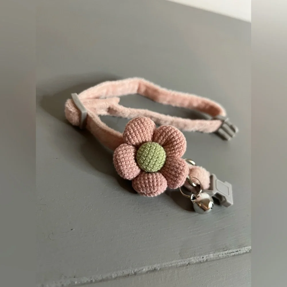 Blush Pink Flower Cat Collar w/ Bell | Soft Velvet Adjustable Breakaway Kitten